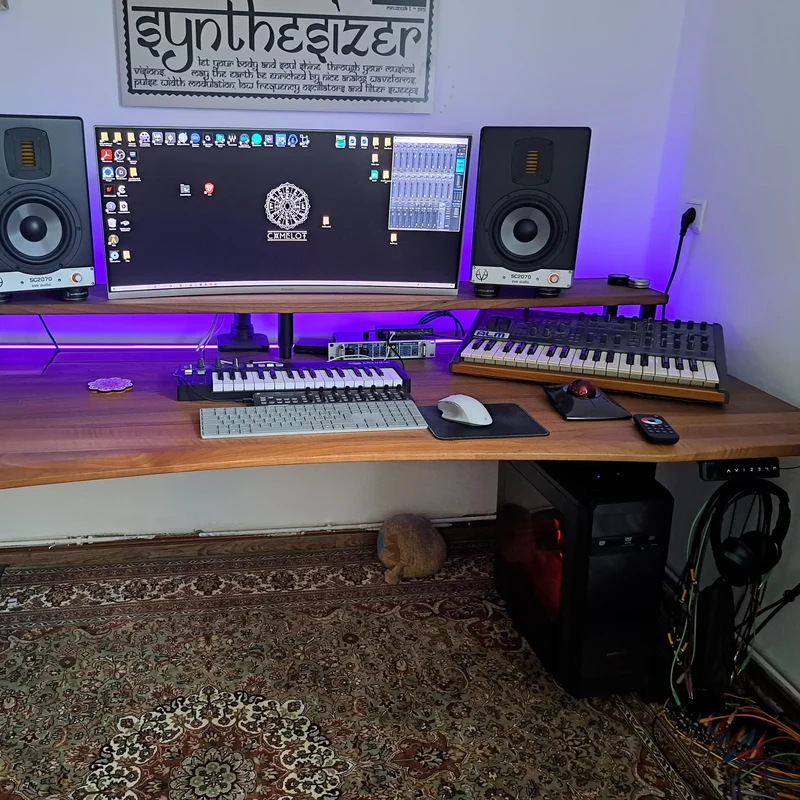 Oak standing desk with epoxy LED light and cable management unit