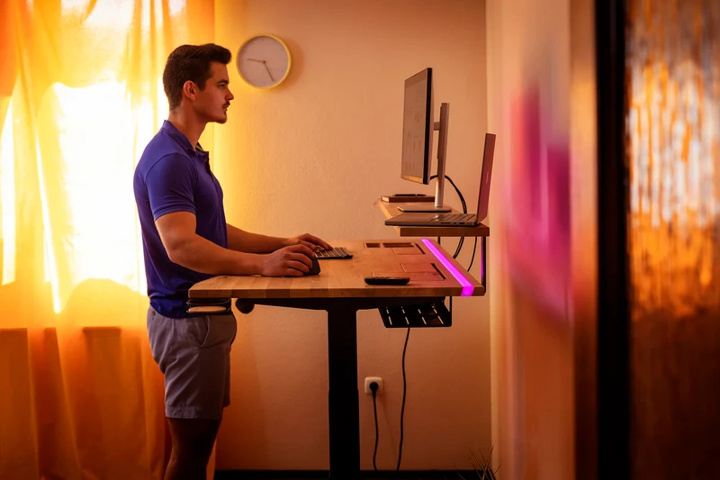 Oak standing desk with epoxy LED light and extended cable management unit