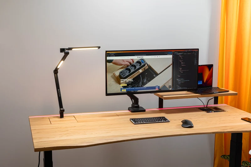 Oak standing desk with epoxy LED light and extended cable management unit
