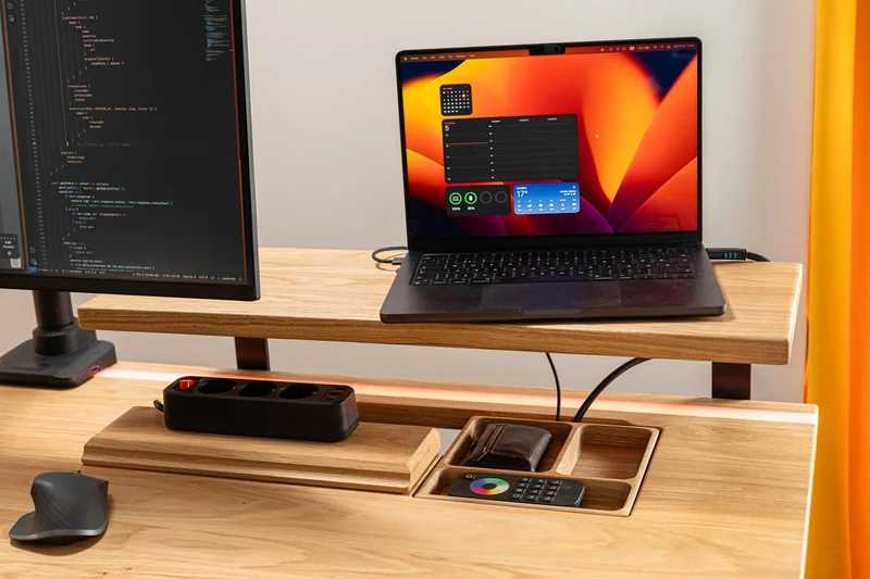Oak standing desk with epoxy LED light and extended cable management unit