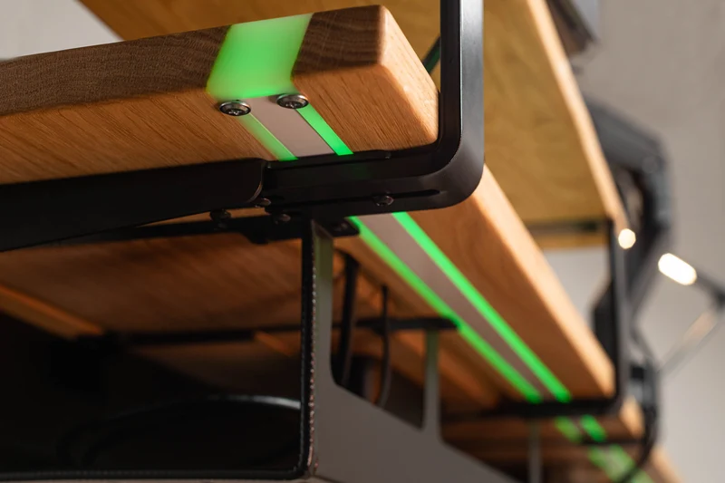 Oak standing desk with epoxy LED light and extended cable management unit