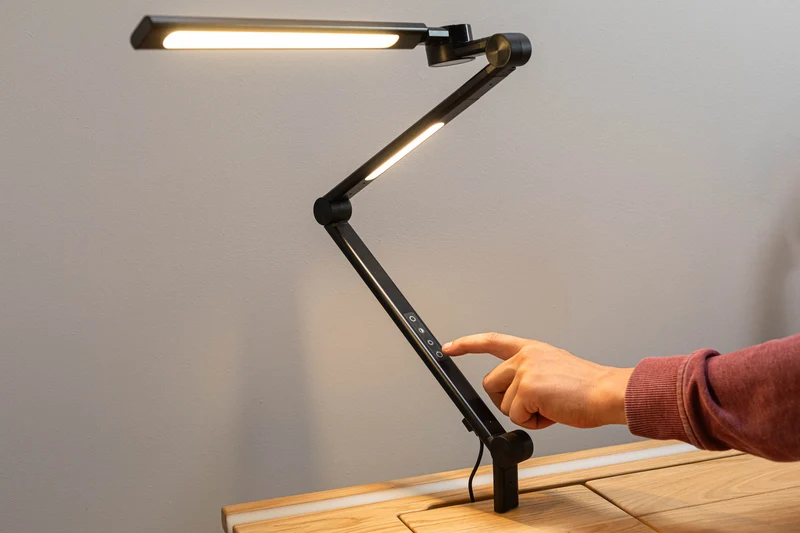Oak standing desk with epoxy LED light and extended cable management unit