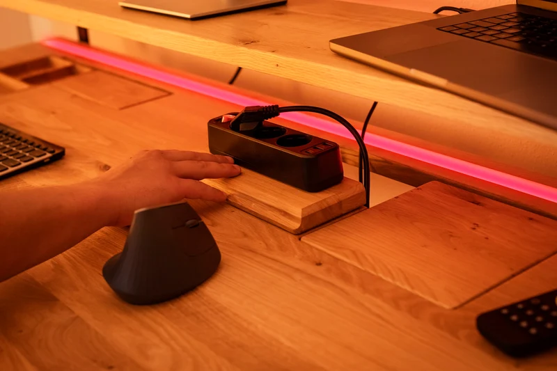 Oak standing desk with epoxy LED light and extended cable management unit