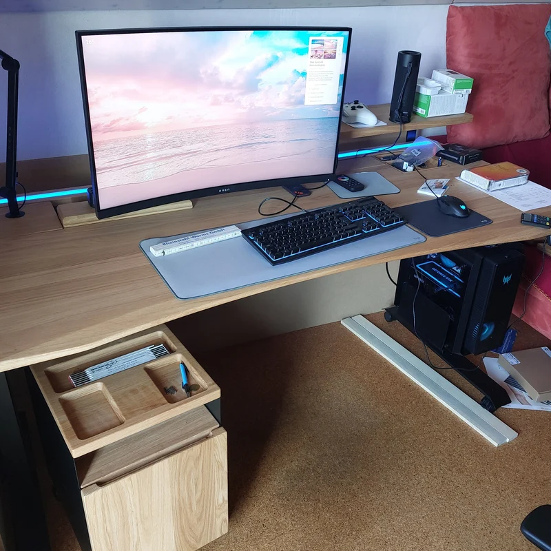 Oak standing desk with epoxy LED light and extended cable management unit