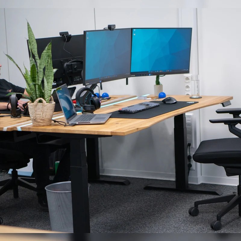 Oak standing desk with epoxy LED light and extended cable management unit