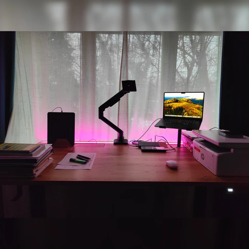 Oak standing desk with epoxy LED light and extended cable management unit