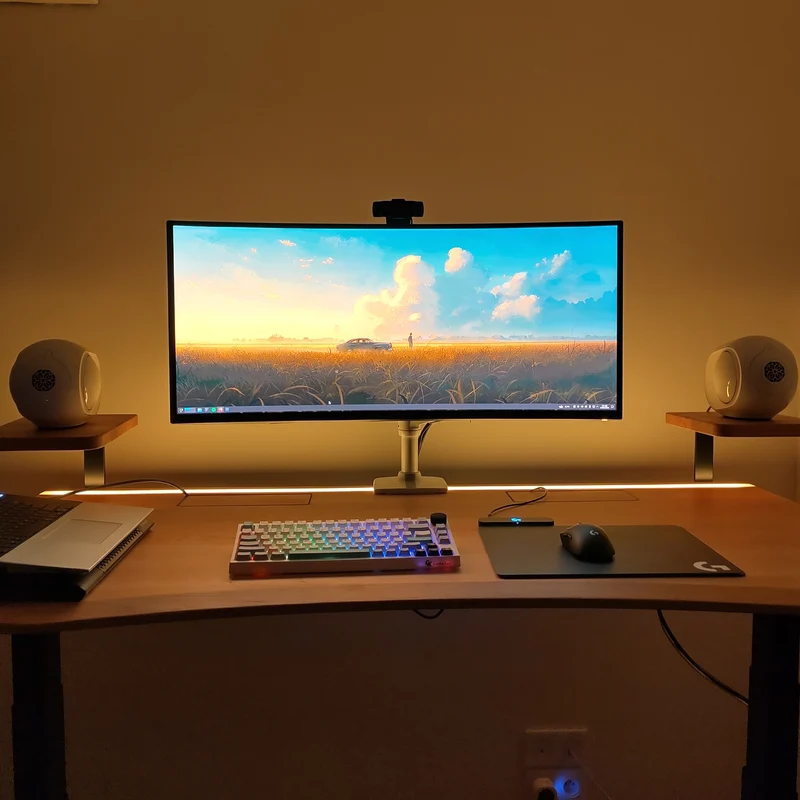 Oak standing desk with epoxy LED light and extended cable management unit