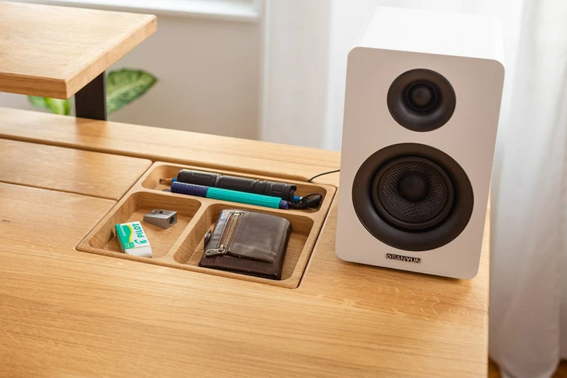 Oak desk top with extended cable management unit
