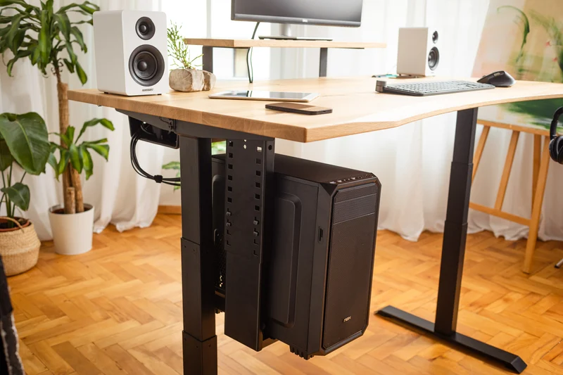 Oak desk top with extended cable management unit