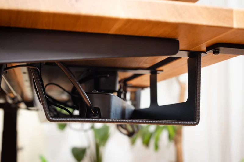 Oak desk top with extended cable management unit