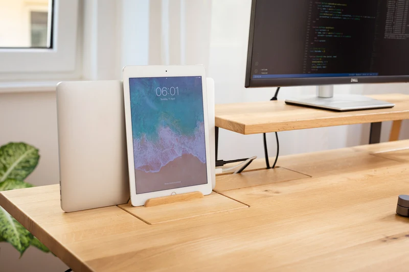 Oak desk top with extended cable management unit