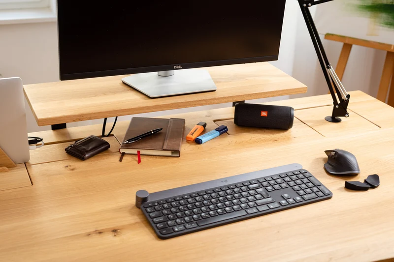 Oak desk top with extended cable management unit