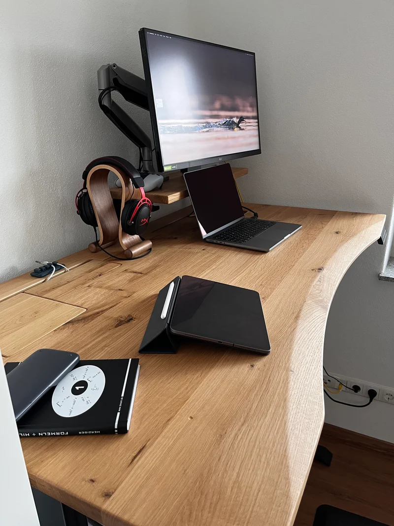 Oak desk top with extended cable management unit