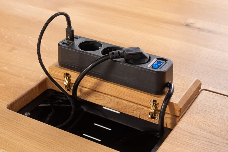 Oak desk top with cable management unit