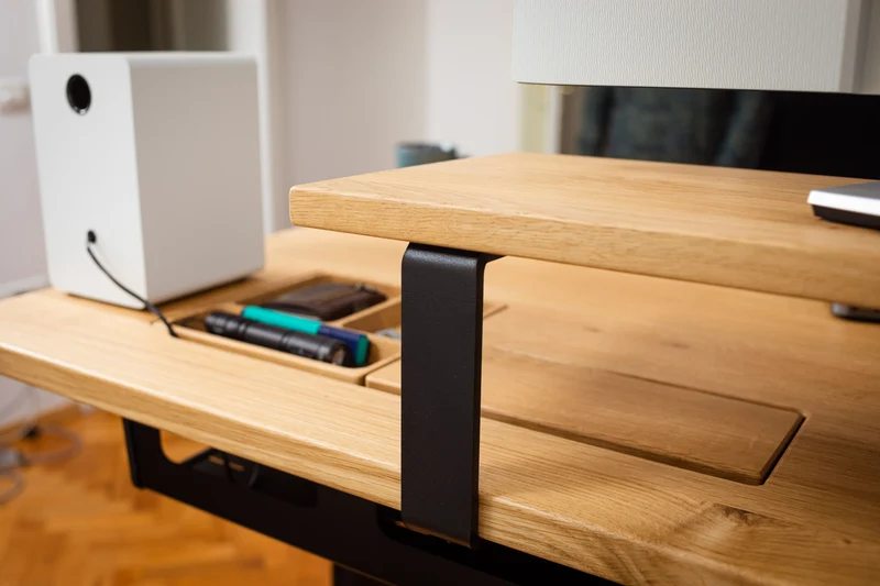 Oak standing desk with extended cable management unit