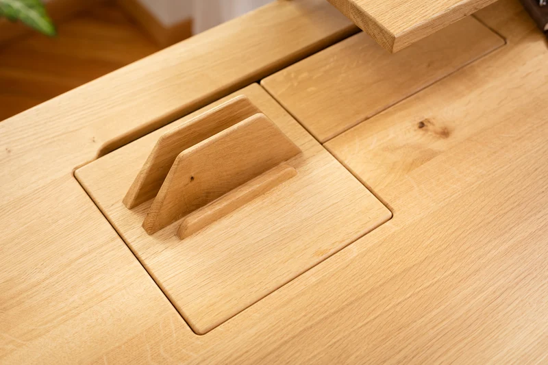 Oak standing desk with extended cable management unit