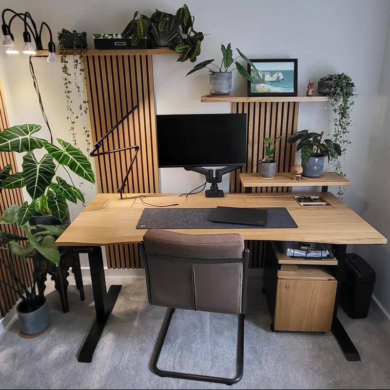 Oak standing desk with extended cable management unit