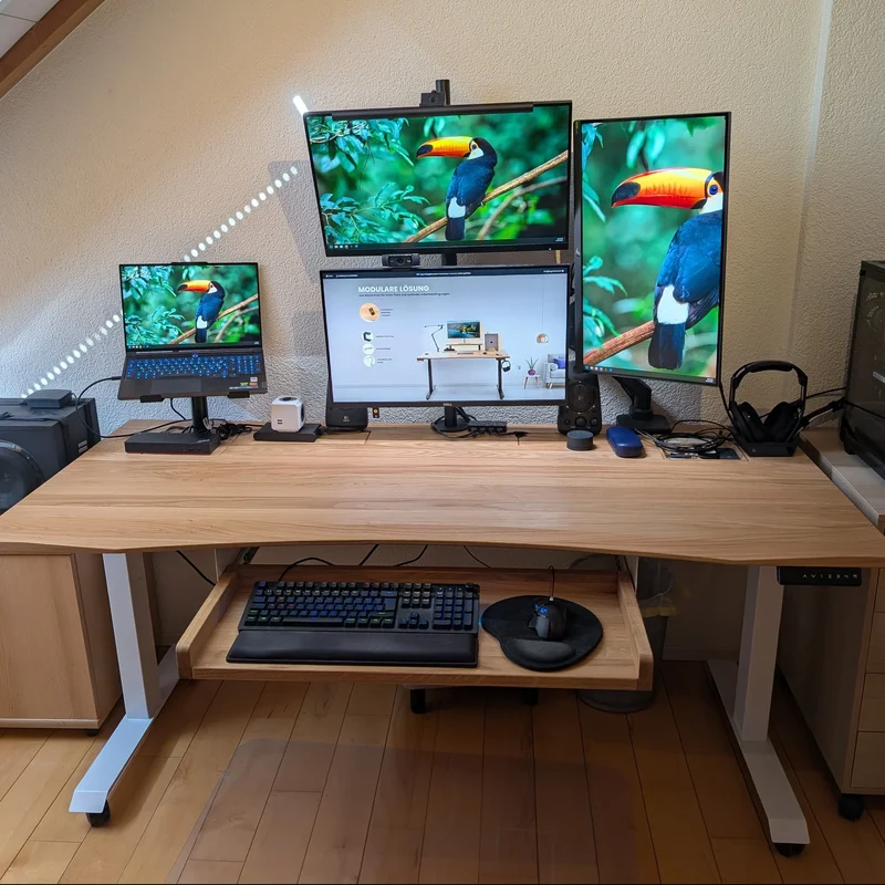 Oak standing desk with extended cable management unit