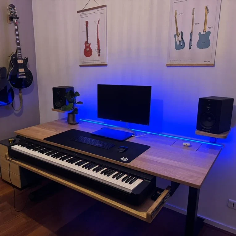 Oak standing desk with extended cable management unit
