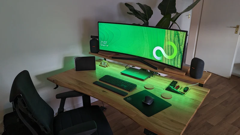 Oak standing desk with extended cable management unit