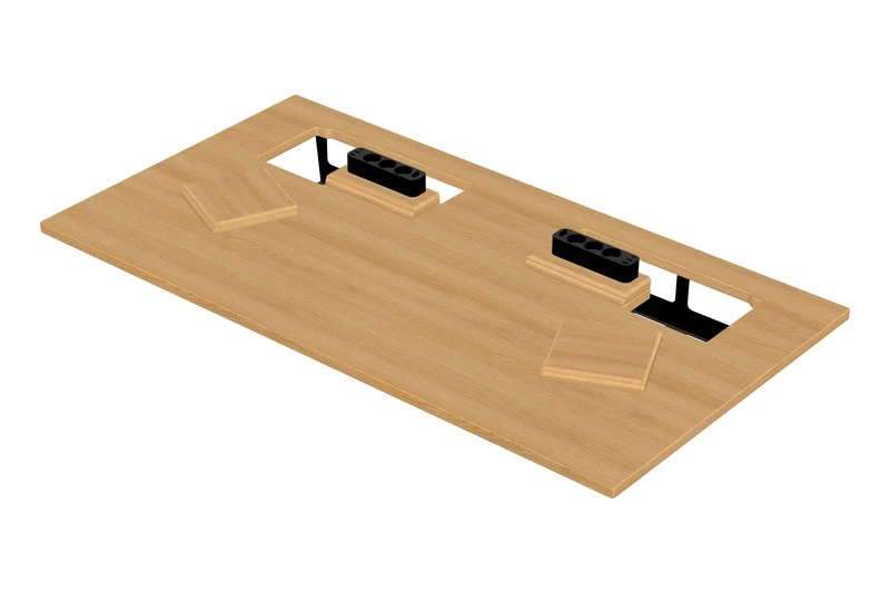 Oak standing desk with extended cable management unit