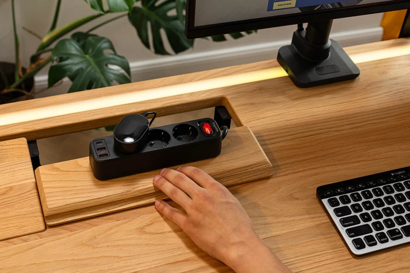 Oak standing desk with cable management unit