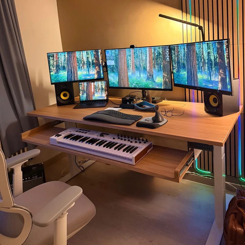 Oak standing desk with cable management unit