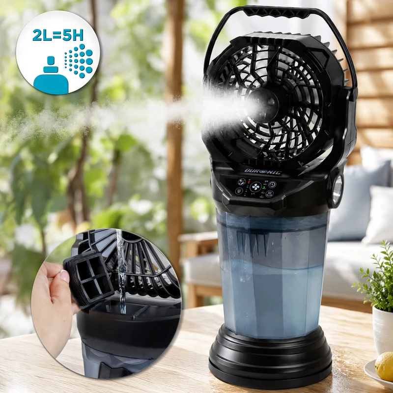 Duronic FM6 BK Ventilateur de brume rechargeable Réservoir d’eau 2 litres 4 vitesses Télécommande incluse Lumières LED Lampe torche d’urgence Ventilateur portable extérieur camping pique-nique