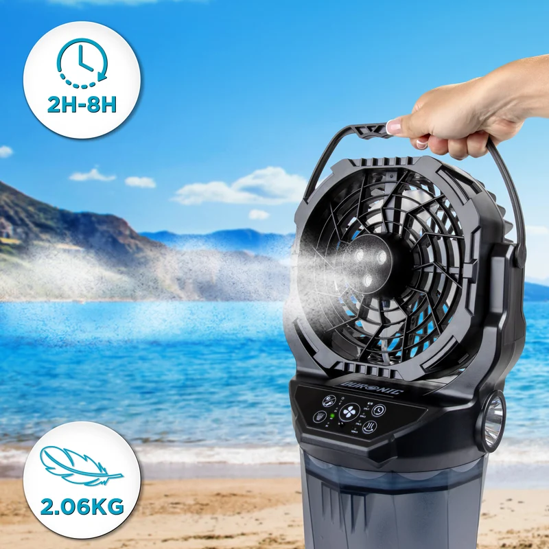 Duronic FM6 BK Ventilateur de brume rechargeable Réservoir d’eau 2 litres 4 vitesses Télécommande incluse Lumières LED Lampe torche d’urgence Ventilateur portable extérieur camping pique-nique
