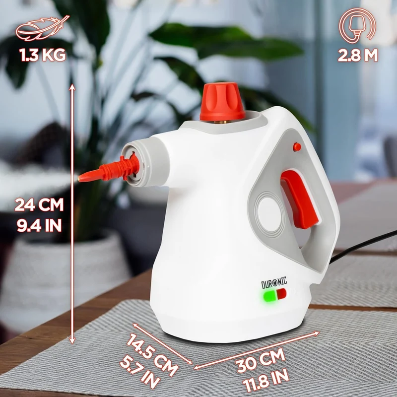 Duronic SC32 WE Nettoyeur vapeur à main 1050W Nettoyeur portable multifonction avec réservoir de 350 ml Nettoyage à la vapeur pour tissus Canapé Joints Douche Four Evier Vitres Fenêtres Miroirs