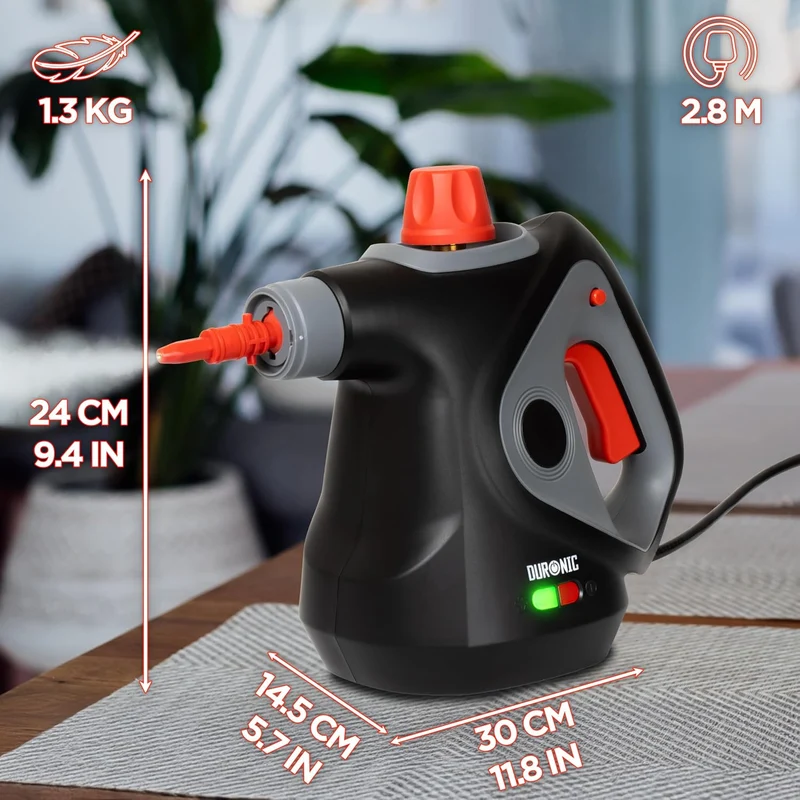 Duronic SC32 BK Nettoyeur vapeur à main 1050W Nettoyeur portable multifonction avec réservoir de 350 ml Nettoyage à la vapeur pour tissus Canapé Joints Douche Four Evier Vitres Fenêtres Miroirs