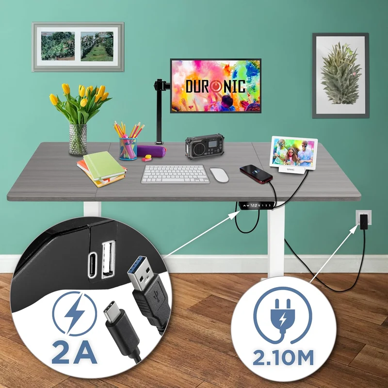 Duronic CD160 WG Bureau Assis-Debout électrique Complet avec Plateau de 160 cm Hauteur Ajustable de 72 à 118 cm Charge maximale de 70 kg Poste Travail Assis Debout Domicile télétravail Bureau