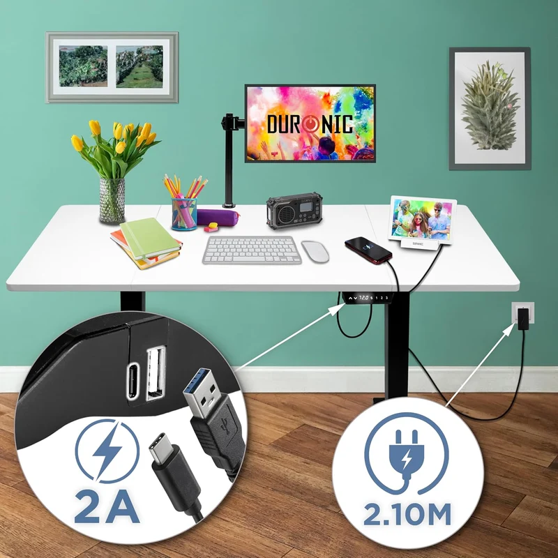 Duronic CD160 BW Bureau Assis-Debout électrique Complet avec Plateau de 160 cm Hauteur Ajustable de 72 à 118 cm Charge maximale de 70 kg Poste Travail Assis Debout Domicile télétravail Bureau