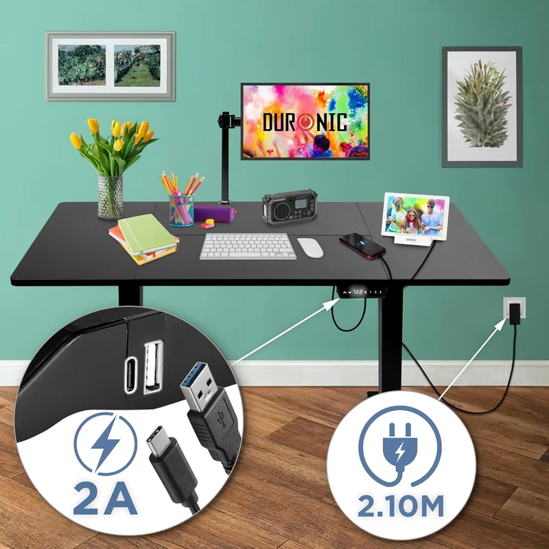 Duronic CD160 BK Bureau Assis-Debout électrique Complet avec Plateau de 160 cm Hauteur Ajustable de 72 à 118 cm Charge maximale de 70 kg Poste Travail Assis Debout Domicile télétravail Bureau