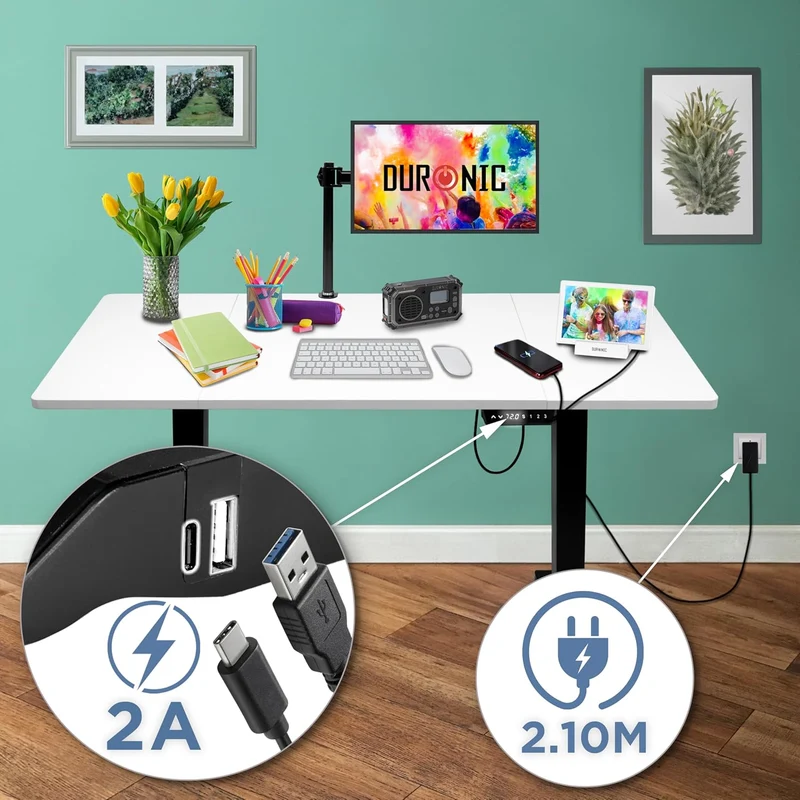 Duronic CD140 BW Bureau Assis-Debout électrique Complet avec Plateau de 140 cm Hauteur Ajustable de 72 à 118 cm Charge maximale de 70 kg Poste Travail Assis Debout Domicile télétravail Bureau