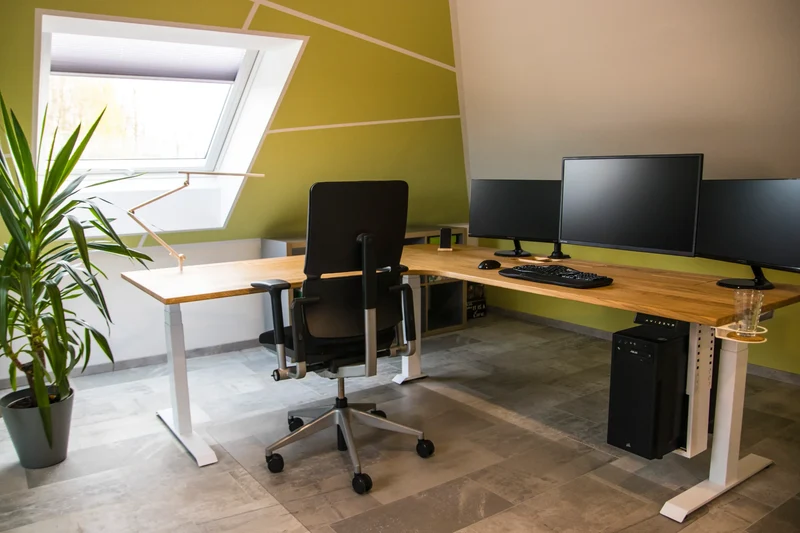 L shaped corner sit-stand desk with epoxy LED light and extended cable management unit