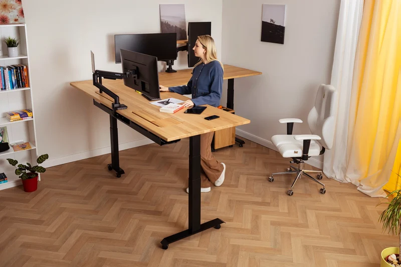 L shaped corner sit-stand desk with epoxy LED light and extended cable management unit