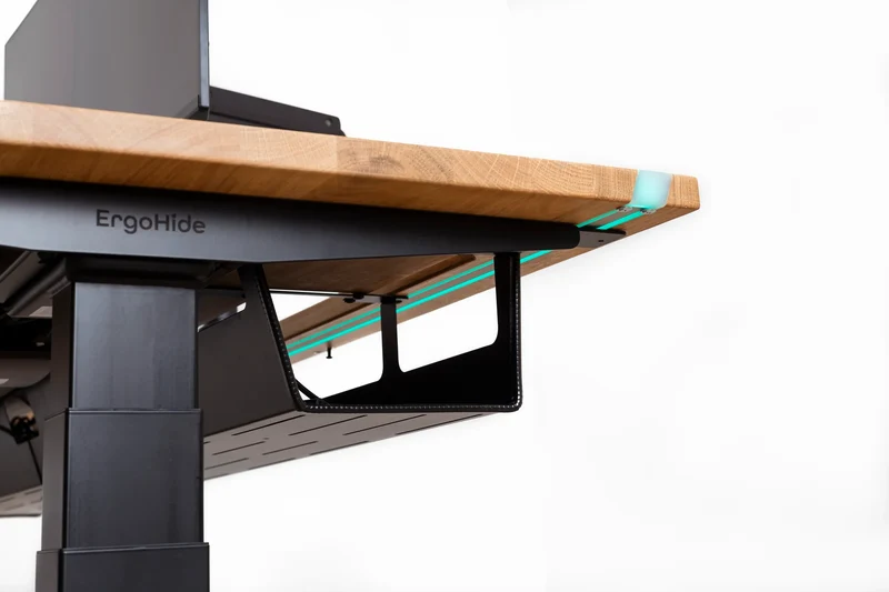 L shaped corner sit-stand desk with epoxy LED light and extended cable management unit