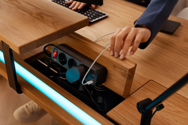 L shaped corner sit-stand desk with epoxy LED light and extended cable management unit