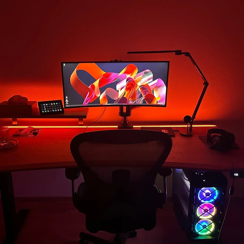 L shaped corner sit-stand desk with epoxy LED light and extended cable management unit