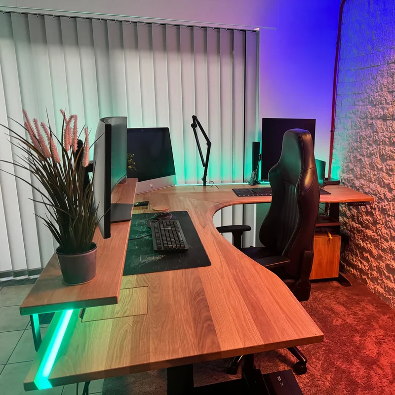 L shaped corner sit-stand desk with extended cable management