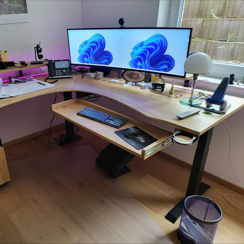 L shaped corner sit-stand desk with extended cable management