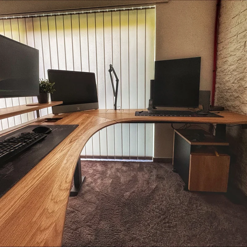 L shaped corner sit-stand desk with extended cable management