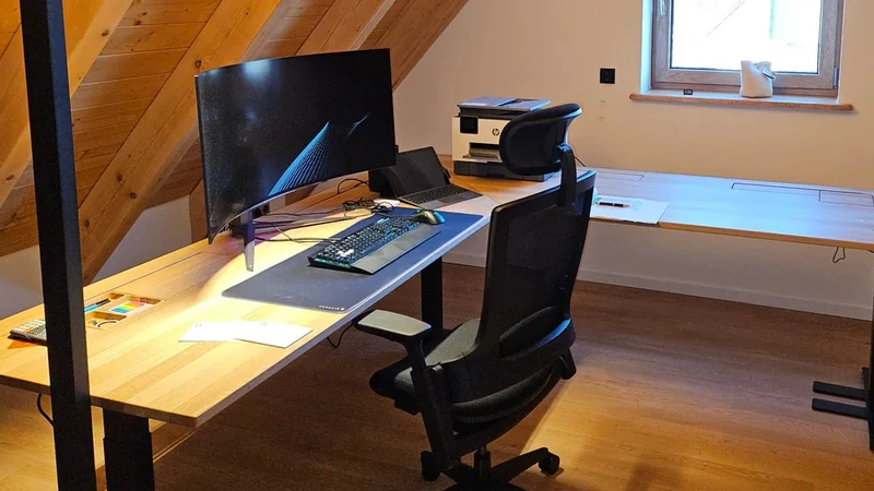 L shaped corner sit-stand desk with extended cable management