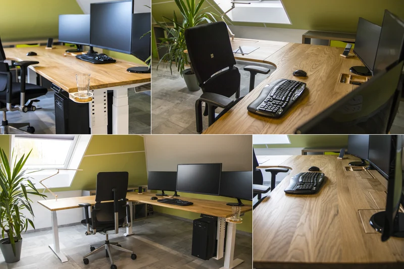 L shaped corner sit-stand desk with extended cable management