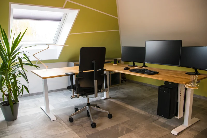 Wooden L shaped desk with extended cable management unit