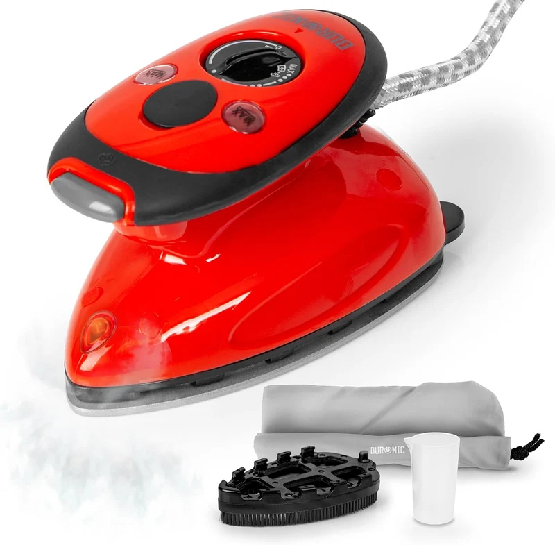 Duronic SI2 RD Fer à Repasser à Vapeur de Voyage 375W Léger et Compact 762g Semelle antiadhésive Réservoir de 50 ml avec Brosse et Pochette de Transport