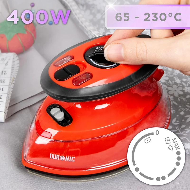 Duronic SI3 RD Fer à repasser à vapeur de voyage 400W Léger et compact 495g Idéal pour les déplacements Convient pour crafts et patchworks Accessoires inclus