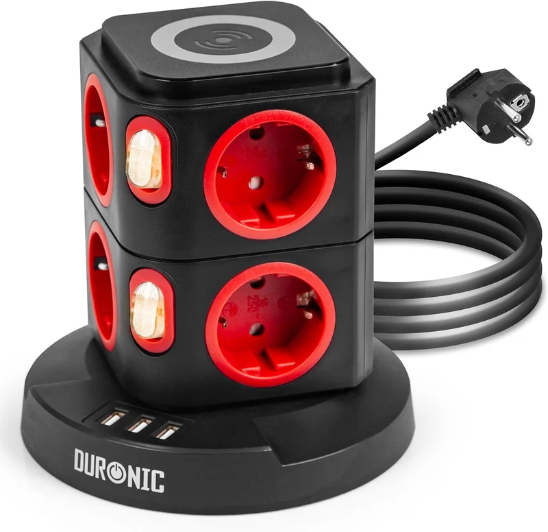 Duronic ET8W Tour Multiprise avec 3 ports USB et Recharge sans fil | 8 Prises 3680W 13A | Multiprise avec parasurtenseur protection contre les surtensions | Câble de 1,8 m