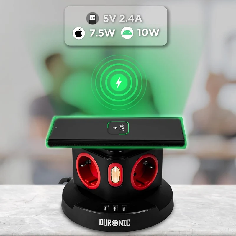 Duronic ET4W Tour Multiprise avec 3 ports USB et Recharge sans fil | 4 Prises 3680W 13A | Multiprise avec parasurtenseur protection contre les surtensions | Câble de 1,8 m